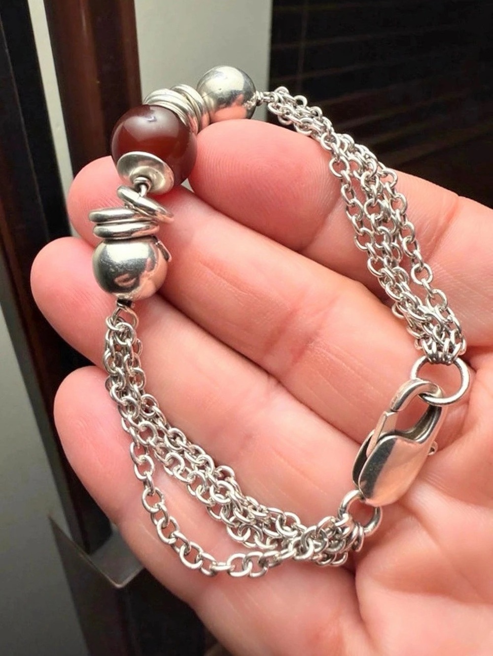 Italian Sterling Silver Dark Red/Brown Bead Bracelet